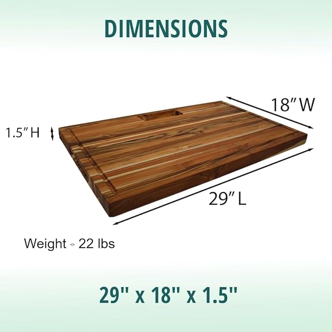 EcoDecors, Teak Edge Grain Cutting Board 29"x18", Solid FSC Teakwood Butcher Block with Juice Groove, Handles & Waste Chute, Large Cutting Board for Kitchen, Carving, and Stove-Top Prep