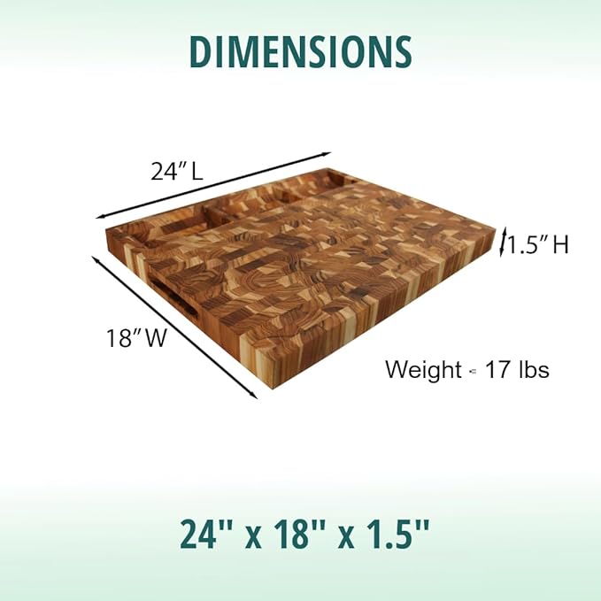 EcoDecors FSC Certified Solid Teak Wood Cutting Board 24x18, Large End Grain Butcher Block with Juice Groove, Side Handles, Charcuterie Slots, Reversible
