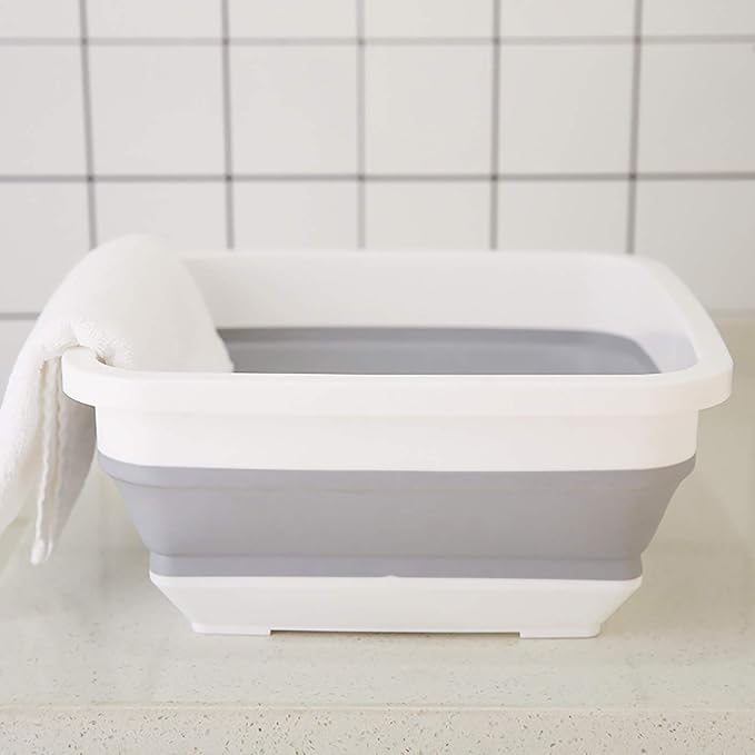 Ahyuan Collapsible Dish Pan Chopping Board Combo 10L Portable Washing Basin Dish Pan Foldable Dish Tub Over The Sink Dishpan Camper Accessories for Travel Trailers (with Square)