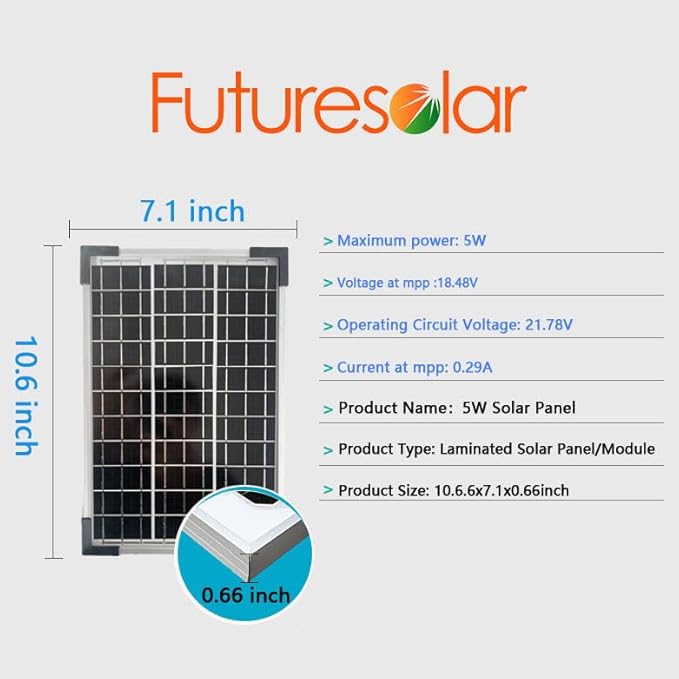 5W Solar Panel High Efficiency 12V Portable Solar Chargerfor Small Devices Monocrystalline Photovoltaic Module LED Lights, Power Banks, and 12V Batteries, Ideal for Outdoor Use