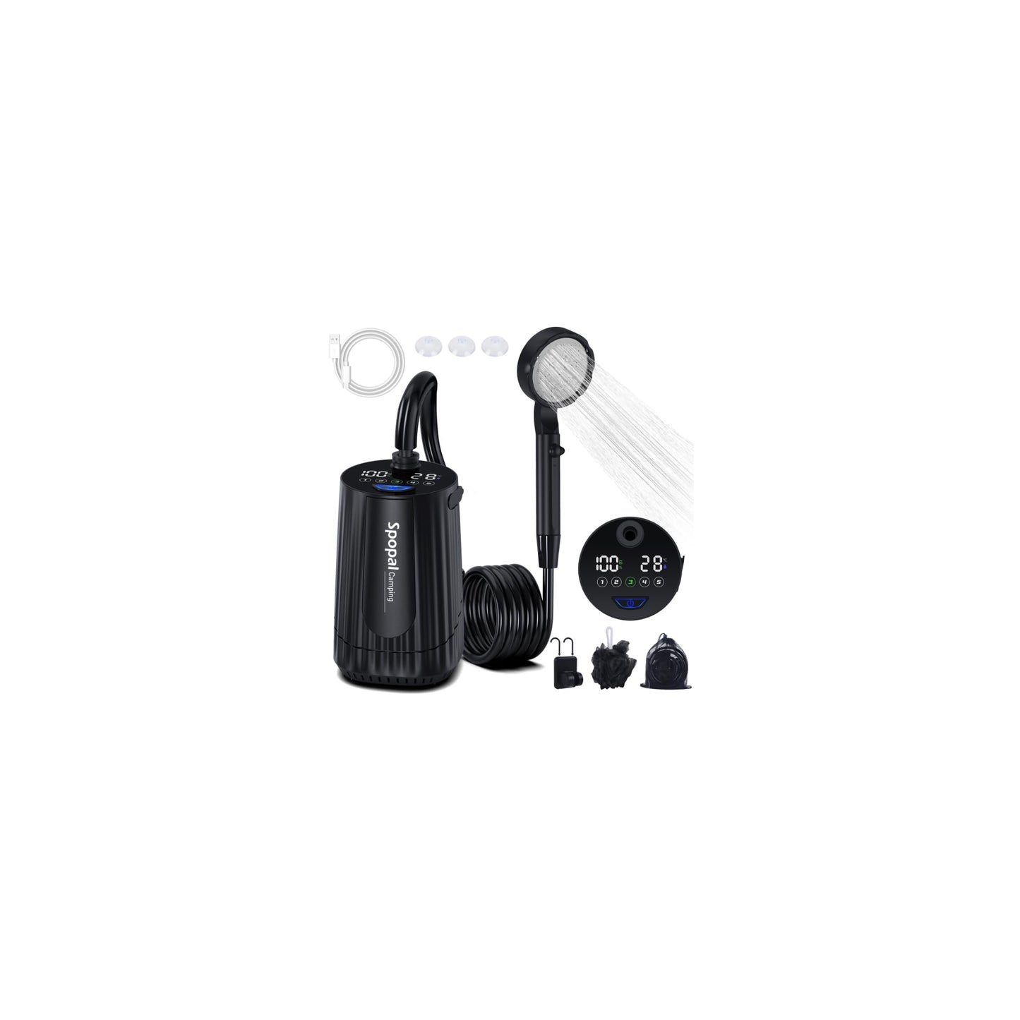 Spopal Portable Shower for Camping, [Upgraded] 10000mAh Rechargeable- Black