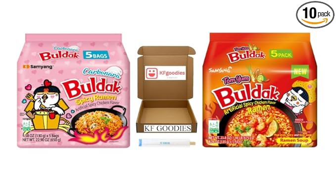 KF GOODIES Korean Ramen Variety Pack Gift Box (10 Count) – Spicy Buldak Noodle Assortment for Birthdays, College Care Packages, Office Snacks, and Gift Baskets