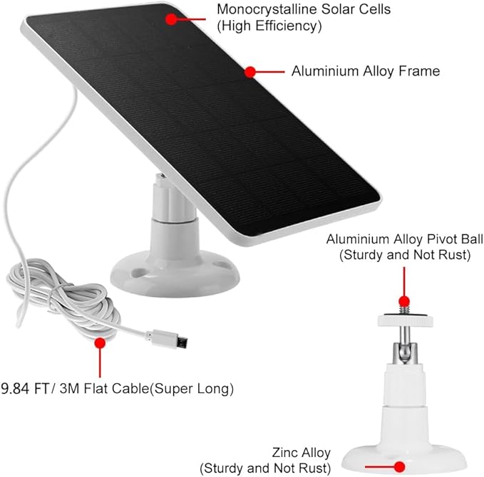 Solar Panel Charger -Weather Resistant, 4W 5V Solar Panel Wall Mounting Low-Power Solar Charging Panel Waterproof for Doorbell Security Camera,Bird Feeder Camera etc. with 300cm Cable Bracket