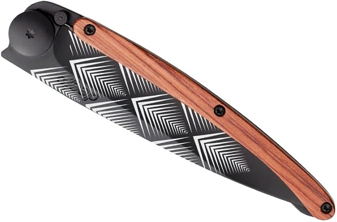 deejo - 0.9 OZ, Black Titanium, Coral Wood, Art Déco - Ultra-Light Folding Pocket Knife with a Belt Clip - Z40C13 Stainless Steel