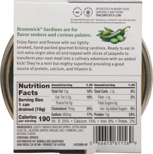 Brunswick Wild Caught Gourmet Brisling Sardines in Extra Virgin Olive Oil Topped with Jalapeño Slices, 4.23 oz Can - Wild Caught Sardines - 13g Protein per Serving - Gluten Free, Keto Friendly