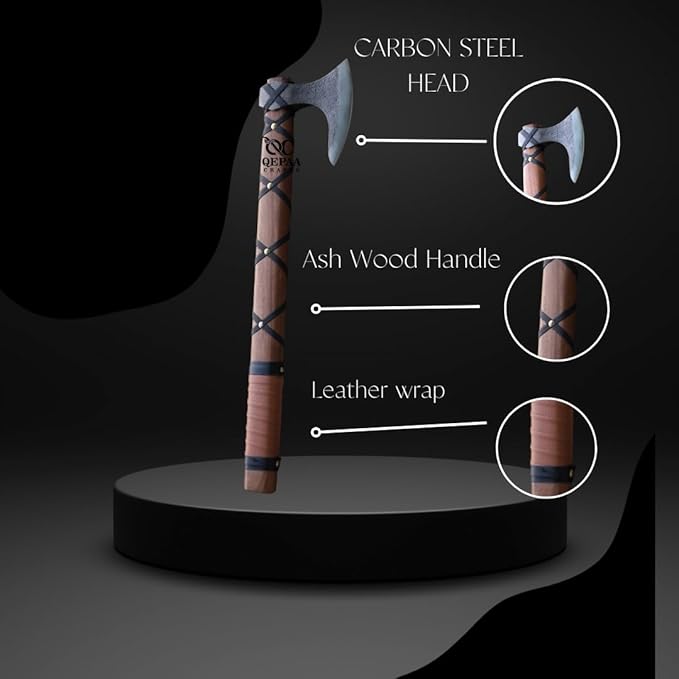 Custom Handmade Carbon Steel Viking Axe – 19” Inches Hand Forged Medieval Axe with Leather Sheath – Camping and Forest Hunting Hatchet – Gift for HIM (Brown Leather Ragnor)