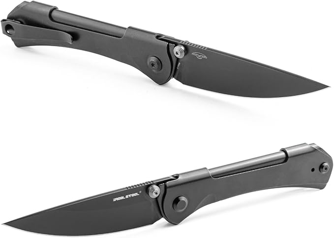 REALSTEEL SYLPH Folding Pocket Knife, Liner Lock, 3.07" Nitro-V Steel Black PVD Blade, Thumb Stud, Double Bending Steel Handle, 3.35oz, Deep-carry Pocket Clip, EDC Outdo Indoor, Gifts for Men Women Camping Hiking Climbing (Full Black)