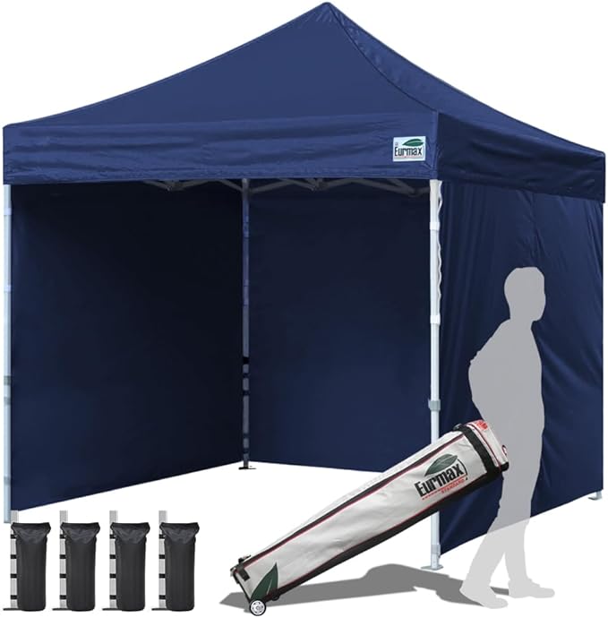 Eurmax USA 10'x10' Pop-up Canopy Tent Commercial Instant Canopies with 4 Removable Zipper End Side Walls and Roller Bag, Bonus 4 SandBags(Navy Blue)