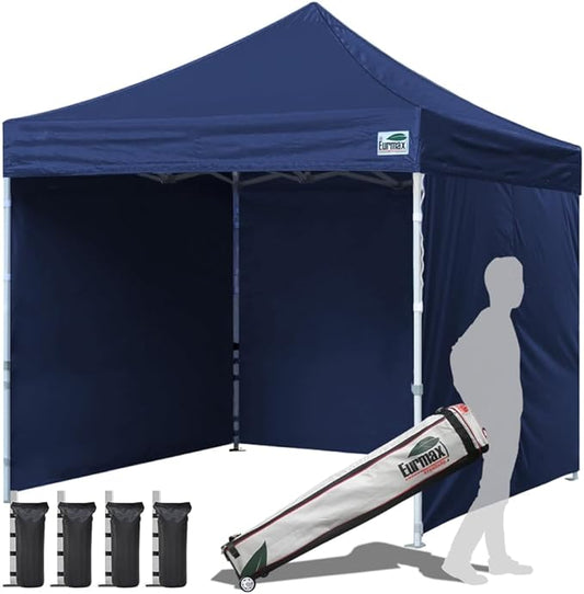 Eurmax USA 10'x10' Pop-up Canopy Tent Commercial Instant Canopies with 4 Removable Zipper End Side Walls and Roller Bag, Bonus 4 SandBags(Navy Blue)