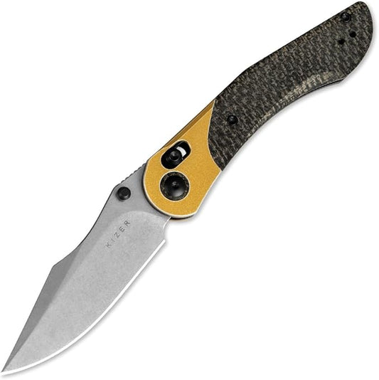 Kizer Mini Mystic Pocket Knife, 3.2" Nitro-V Blade EDC Knife with Black Burlap Micarta and Yellow Aluminum Handle, Small Hunting Camping Survival Knives with Clutch Lock & Thumb Stud Opener, V3636A2