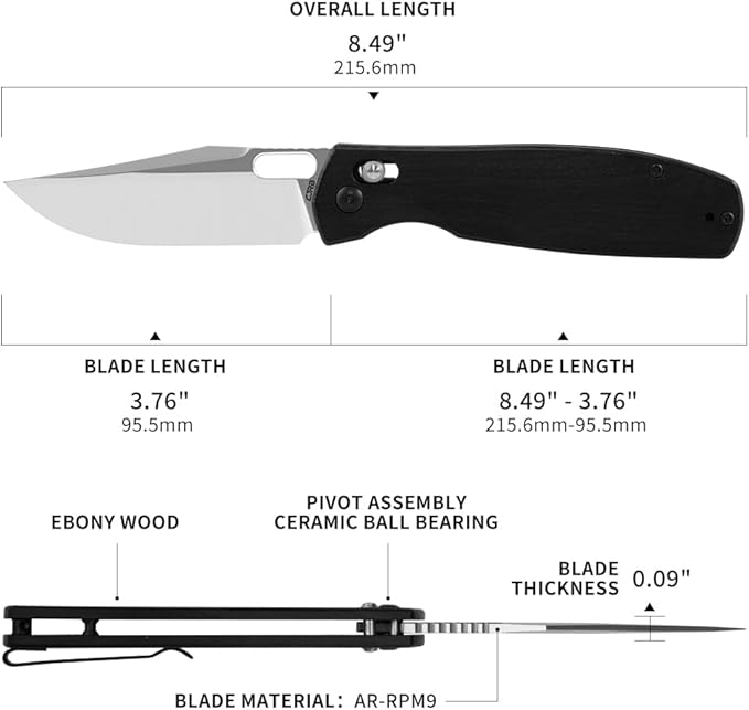 CJRB Prado Folding Pocket Knife 3.76" AR-RPM9 Sand Polish Steel Blade Ebony Handle Crossbar Lock for Men Outdoor, Survival, Camping and EDC, Ebony