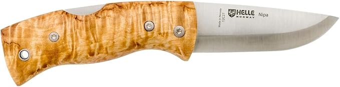 HELLE Knives - Nipa - Mid-Size Folding Knife - 2.72" Stainless Steel Blade with Hand-Sanded Curly Birch Handle - EDC Pocket Knife with Clip - Made in Norway
