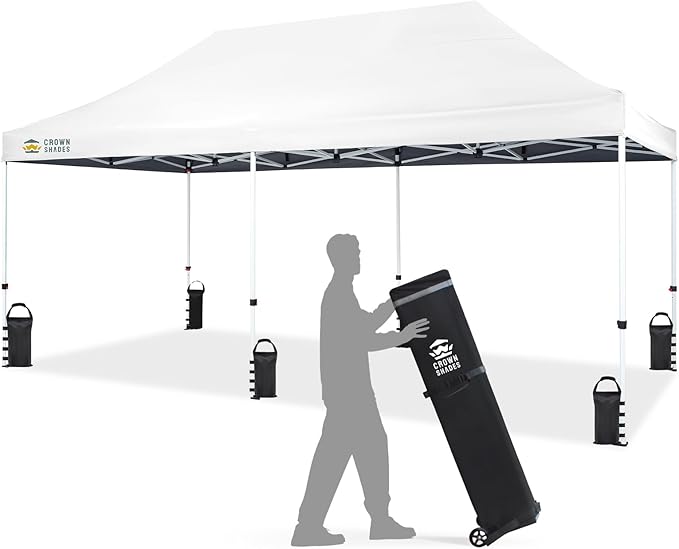 CROWN SHADES 10x20 Pop Up Canopy Tent - Commercial Canopy Tent with 400D Strength Oxford Fabric, Hexagonal Leg, 4 Upgraded Weights - Great for Trade Shows, Events, Parties & Commercial Use, White