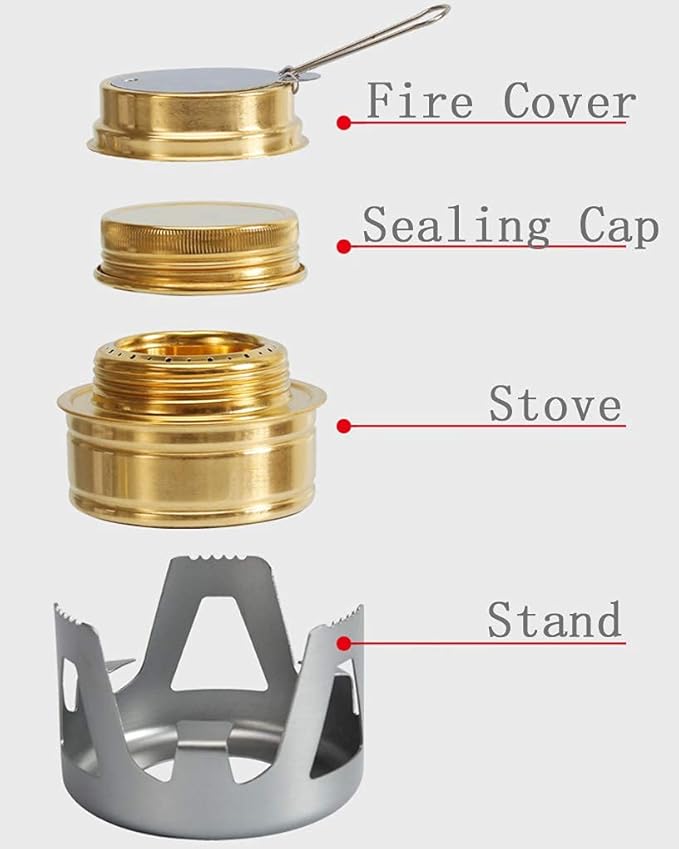 Mini Alcohol Backpacking Stove, Lightweight Brass Spirit Burner with Aluminium Stand for Camping Hiking and Picnic