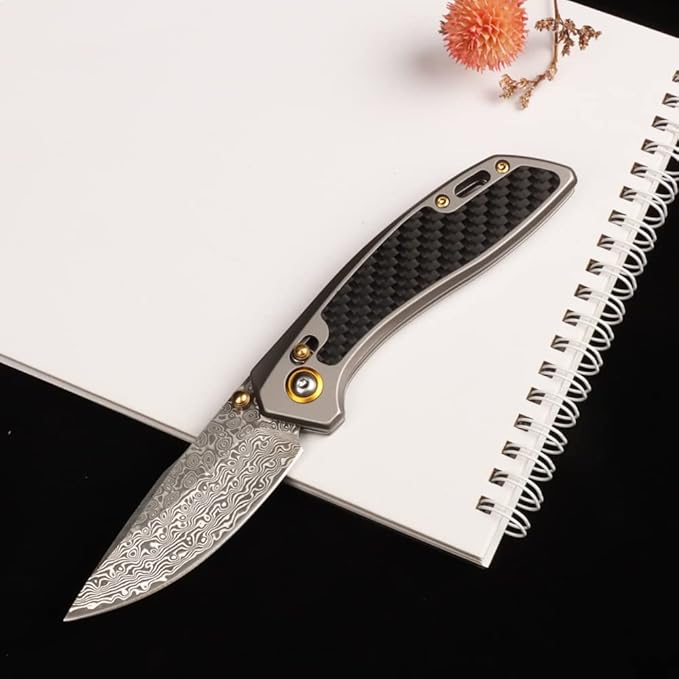 MASALONG Kni256 Pocket Knife, EDC Folding Knives, 3.77 "VG10 Damascus Blade, Carbon Fiber Alloy Steel Handle for Tactical Survival Outdoor
