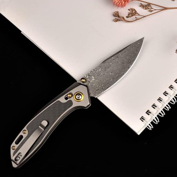 MASALONG Kni256 Pocket Knife, EDC Folding Knives, 3.77 "VG10 Damascus Blade, Carbon Fiber Alloy Steel Handle for Tactical Survival Outdoor