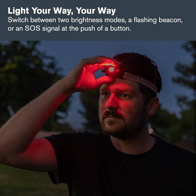 Celestron ??Night Vision Headlamp ??Multiple Light Modes ??Includes SOS Setting ??Ideal for Astronomy and Camping ??100 Hours of Usage ??45° Adjustable Angle