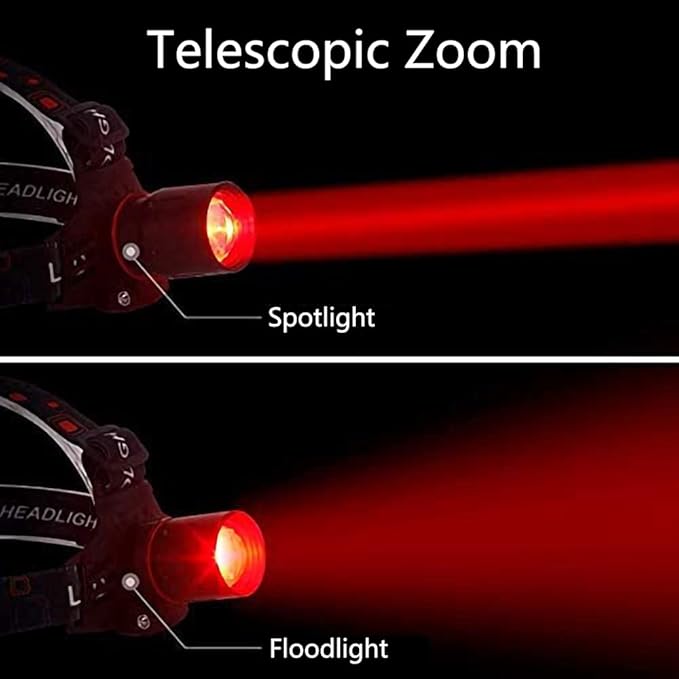 WINDFIRE White Red LED Rechargeable Headlamp, Super Bright Hunting Headlamps, 4 Modes 90° Adjustable Zoomable Headlights for Running, Camping, Hiking, Fishing, Night Vision, Astronomy