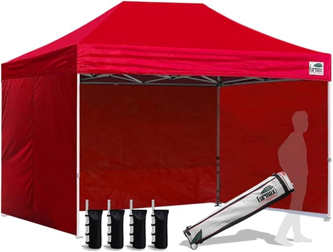 Eurmax USA 8'x12' Pop-up Canopy Tent Commercial Instant Canopies with 4 Removable Zipper End Side Walls and Roller Bag, Bonus 4 SandBags(Red)