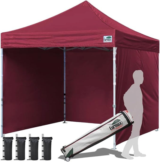 Eurmax USA 10'x10' Pop-up Canopy Tent Commercial Instant Canopies with 4 Removable Zipper End Side Walls and Roller Bag, Bonus 4 SandBags(Burgundy)