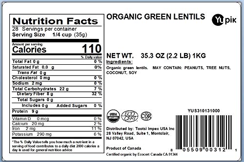 Yupik Organic Green Lentils, 2.2 lb (35.2 oz), Pack of 6, Non-GMO, Vegan, Gluten-Free, Kosher, Raw, Source of Fiber, Iron & Protein, Fiber & Iron, Ideal for Soups, Salads & Plant-Based Meals