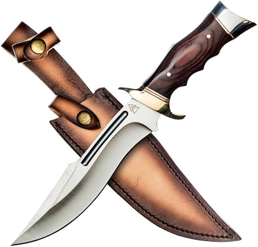 Hunting Knife Full Tang with Sheath, 13.25" Fixed Blade Knife with 440 Stainless Steel Wood Handle for Hunting, Leather Sheath Included by Kratos ZF9
