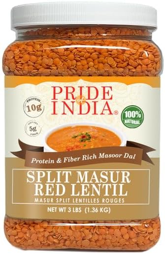 Pride Of India - PACK of 6 - Indian Split Masur Red Lentils - Protein & Fiber Rich Masoor Dal, 3 Pound Jar