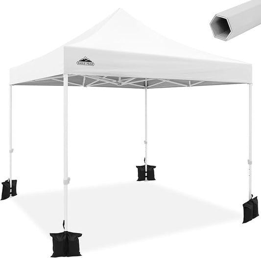 EAGLE PEAK 10x10 Heavy Duty Pop up Commercial Canopy Tent, Instant Marketplace Sun Shelter with Roller Bag and 4 Sandbags, White