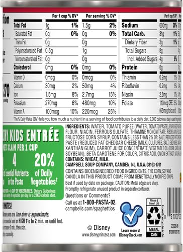 SpaghettiOs Original Disney Princess Shapes Canned Pasta, Healthy Snack for Kids and Adults, 15.8 OZ Can (Pack of 2)