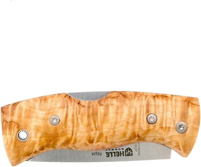 HELLE Knives - Nipa - Mid-Size Folding Knife - 2.72" Stainless Steel Blade with Hand-Sanded Curly Birch Handle - EDC Pocket Knife with Clip - Made in Norway