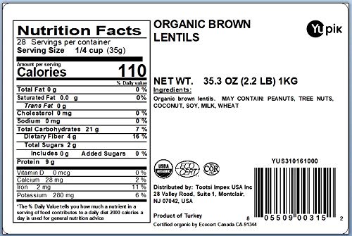 Yupik Organic Brown Lentils, 2.2 lb (35.2 oz), Pack of 6, Non-GMO, Vegan, Gluten-Free, Kosher, Raw, Salt-Free, High in Fiber & Protein, Ideal for Soups, Salads & Meat Alternatives