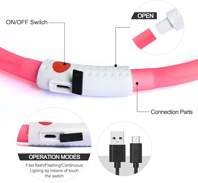 Illumifun LED Dog Collar - USB Rechargeable Light Up Dog Collar Glow in The Dark, Lighted Pet Necklace for Nighttime Walking (Pink-Silicone)
