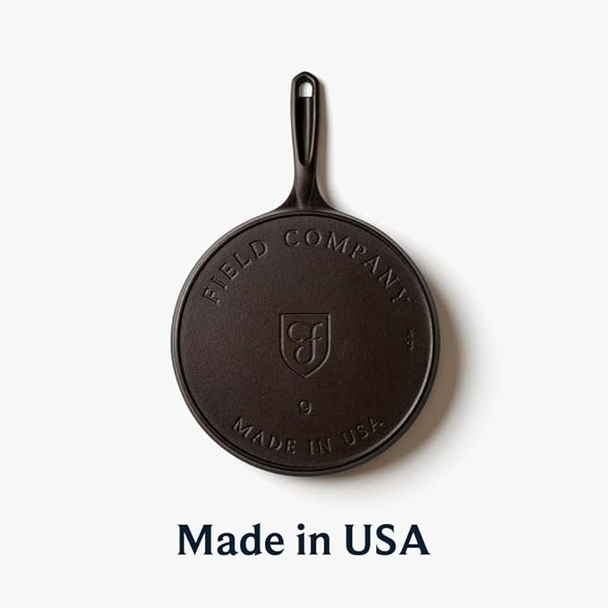 Field Company 10-Inch Round Cast Iron Griddle ??No.9, Flat Top, Lightweight & Smooth, Preseasoned with Organic Oil ??Made in USA, Non-Toxic, Vintage Design ??Cooks French Toast, Hash Browns & Sliders