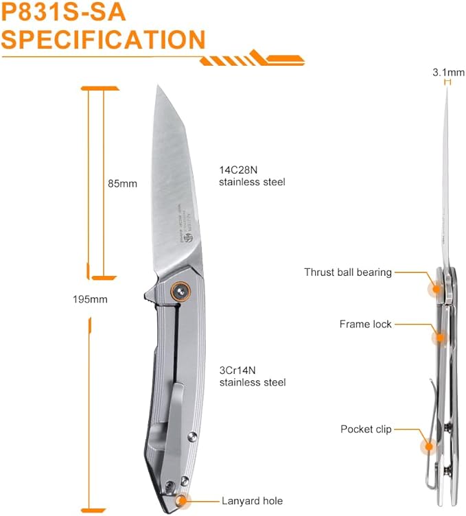 Ruike P831 Folding Tactical Knife with Clip Survival Pocket Knife Tactical EDC Tool Liner Lock 14C28N Steel Camping Knives 3.35inch Small Utility Knife Men Women Blet plus small Multi tool Key
