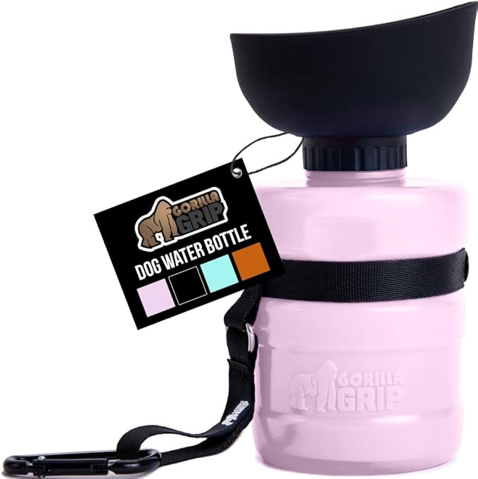 GORILLA GRIP Dog Water Bottle, Portable Water Bowl Dispenser for Dogs, 12 oz Leak Proof Pet Travel Squeeze Bottles, Food Grade Silicone, to Go Puppy Essentials, Hiking Camping Trip Accessories, Pink