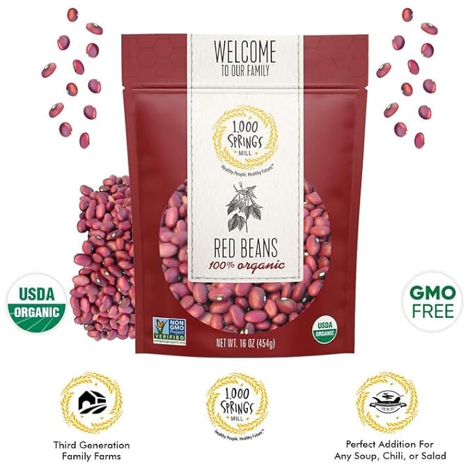 1000 Springs Mill - Organic Red Beans | Used for Soups, Salads, Chili or as a Sweet Paste for Desserts | Bulk Dry Red Beans | Resealable Bag | Vegan Friendly | 16oz (Pack of 1)