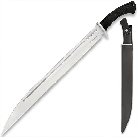 Honshu Boshin Seax Knife | 19 3/8" Full-Tang Stainless Steel Blade | Textured TPR Handle | Premium Leather Sheath with Paracord Lanyard | Modern Tactical Seax Design | 25 3/4" Overall Length
