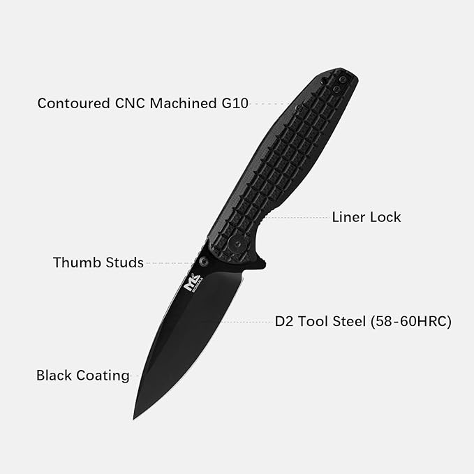 Folding Knife – 3.5-inch D2 Steel Folding Pocket Knife G10 Handle One-Handed Opening and Closing Ceramic Ball Bearings Deep Pocket Clip Suitable for Outdoor EDC (Black)