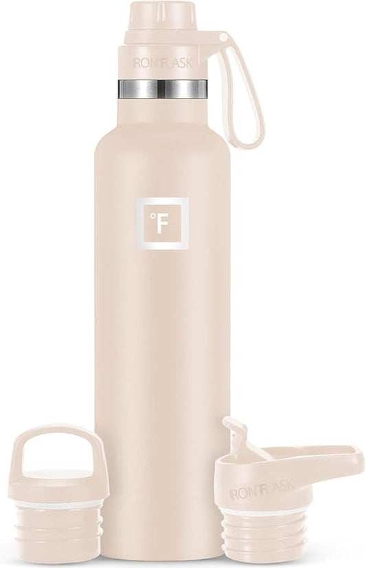 IRON °FLASK Camping & Hiking Hydration Canteens - 3 Lids (Narrow Spout Lid) Leak Proof Vacuum Insulated Stainless Steel - Hot & Cold Double Walled Sports Water Bottle - Sand, 24 Oz
