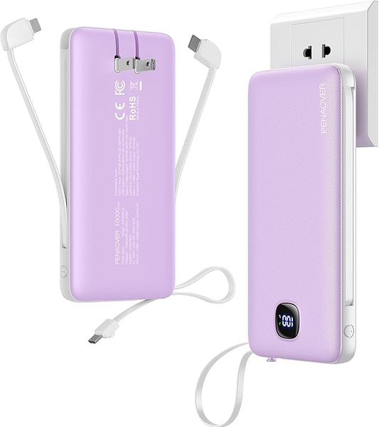 Portable Charger with Built-in Cables&AC Wall Plug,Slim 10000mAh 22.5W Fast Charging Power Bank,5 Output 2 Input USB-C External Battery Pack Compatible with iPhones,Samsung,Android, etc