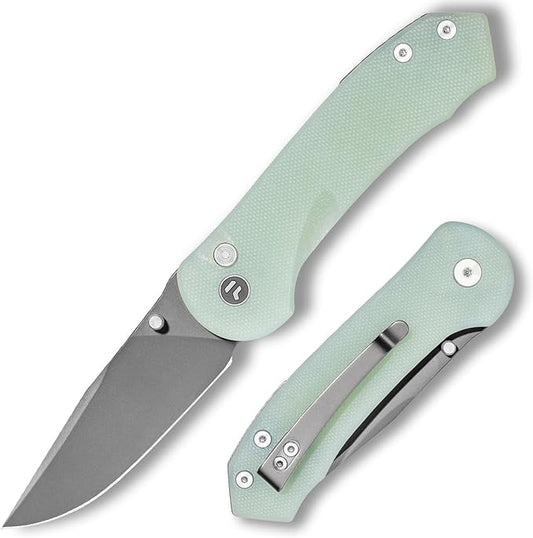 Button Lock Pocket Knife with 2.85 inch VG10 Steel Blade G10 Handle, Folding Knife for EDC, Natural Green