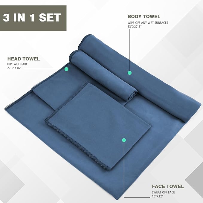Quick Dry Camping Towel, Microfiber Travel Towel 3 Size at 1 Pack for Camping, Beach, Gym, Sports, Yoga & Swimming Pool, Navy Blue
