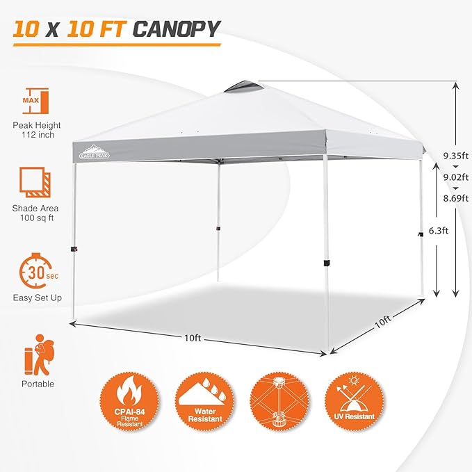 EAGLE PEAK Pop Up Canopy Tent with Wheeled Carry Bag, 8 Stakes, 4 Ropes, 4 Weight Bags, Easy Set Up Tent Canopy, 10x10 ft, 100sqft of Shade, White