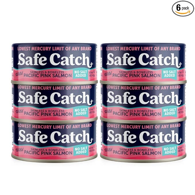 Safe Catch Wild Pacific Pink Salmon Canned Wild-Caught No Salt Added Skinless Boneless Salmon Fish Mercury Tested Kosher, 6 Pack Can Salmon 5oz