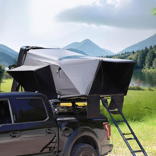 Travel Cat Rooftop Tent Hard Shell - Travel Cat Loft Overland Aluminium Roof Top Tent 4 Sides Windows & AC Duct Hole& Lights Belt for Car SUV Truck Camping for 2-3 People (Black)