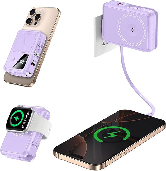 Wireless Portable Charger,5-in-1 Magnetic Power Bank 10000mAh Built in Cables and AC Plug,22.5W Fast Charging Magnetic Battery Pack,Compatible with iPhone 16/15/14/13/12,Apple Watch Series,Airpods