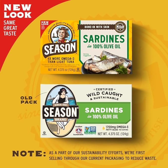 Season Sardines in Olive Oil - Wild Caught, 22g of Protein, Keto Snacks, More Omega 3's Than Tuna, Kosher, High in Calcium, Canned Sardines - 4.37 Oz Tins, 24-Pack