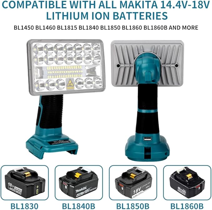 Work Light for Makita 18v Battery, 18w Flashlight, 2000LM Portable Flood Light with USB-A Port for Jobsite, Camping, Car Repairing, Garage, Power Outages
