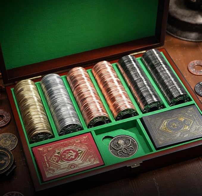 PIRATEGOLD Pirate Themed Metal Poker Chip Set 300pc for Texas Hold?™Em, Gold, Silver, Gunmetal, Bronze Coins with 2 X Card Decks, 1 X Custom Wooden Carrying Case