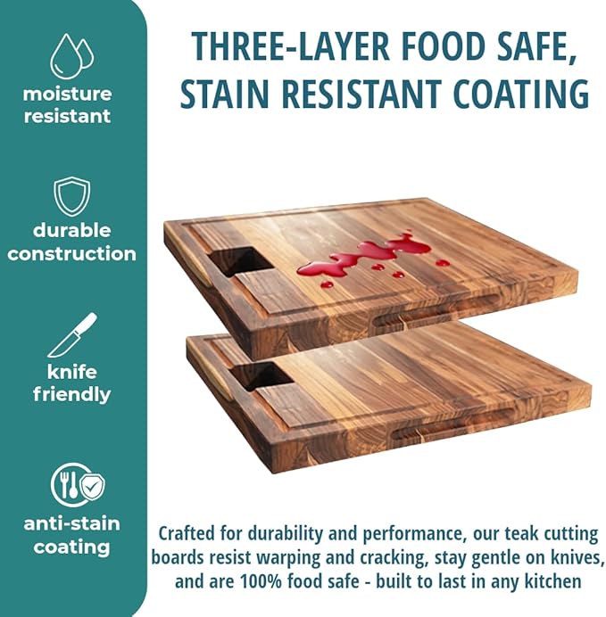 EcoDecors, Teak Edge Grain Cutting Board 17"x18", Solid FSC Teak Wood Butcher Block with Juice Groove, Waste Slot & Handles, Wooden Cutting Board for Kitchen, Carving & Stove-Top Prep